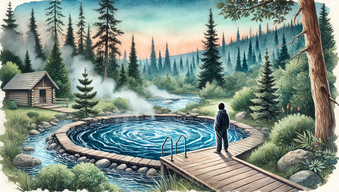 A watercolor painting depicting a serene outdoor scene that suggests avoiding a hot tub.