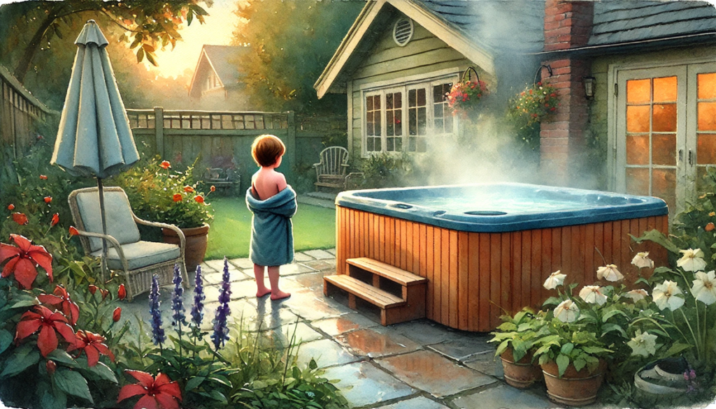 A watercolor painting depicting a single child standing near a hot tub in a backyard setting, looking afraid and hesitant.